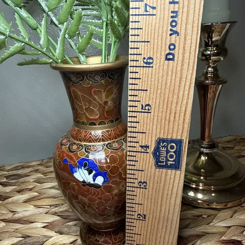 Vintage Chinese Cloisonne Vase Brass Enamel Floral Chinoiserie 6” Asian Decor